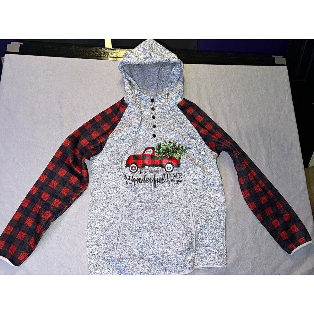 Women’s Gray Pullover Hoodie Christmas Graphic Buffalo Plaid Raglan Sleeves L